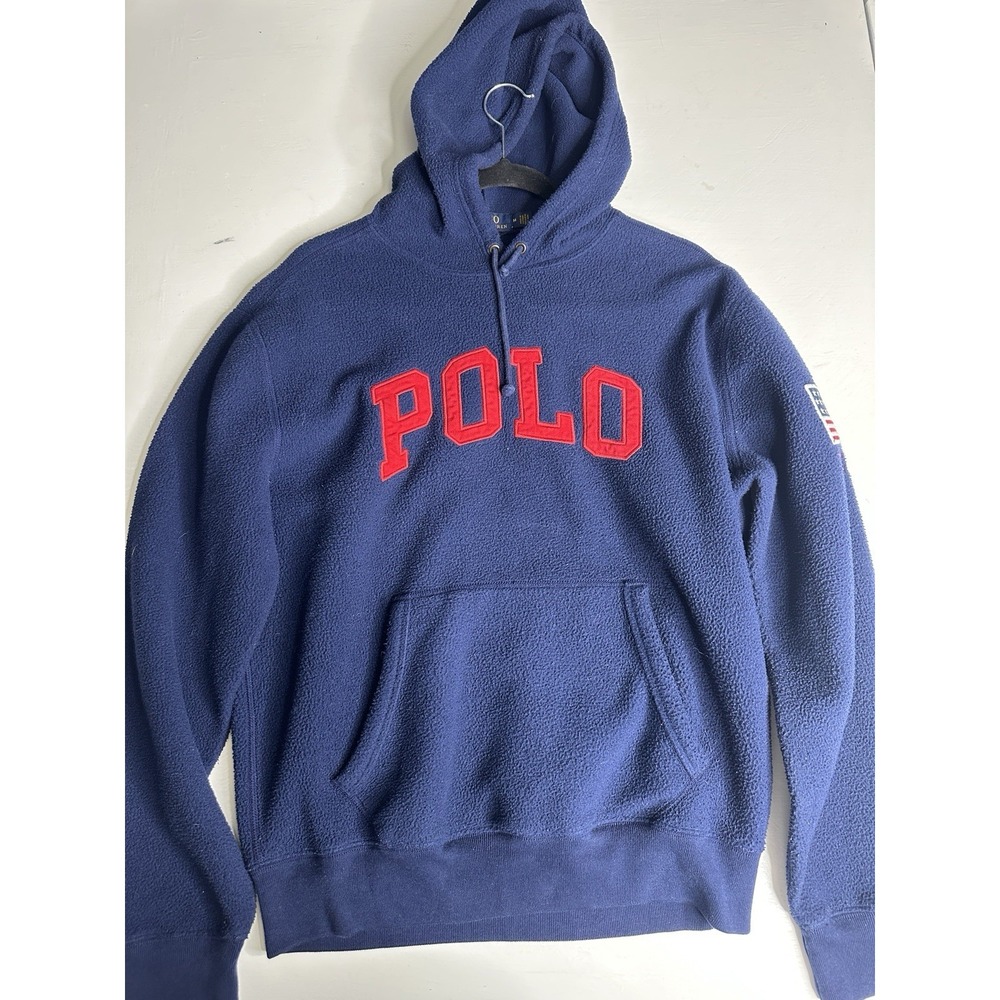 Polo Ralph Lauren Fleece Hoodie Mens Medium Blue Red USA Flag Patch 0368